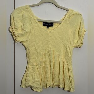 Kendall & Kylie Yellow Textured Peplum Ruffle Sleeve V-Neck Blouse Size L